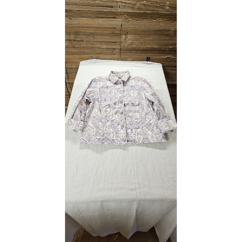 Chicos Paisley Print Denim Style Jacket Purple Blue Peach Size 3P Large Petite